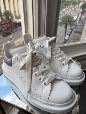 Alexander McQueen White Leather Sneakers with Gray Heel Tab
